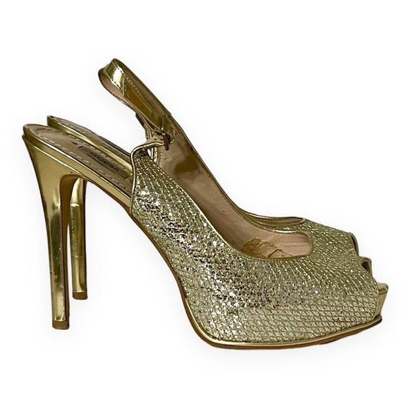 Guess Shoes - Guess Women’s Gold Metallic 4 Inch High Heels Size 8 Peep Toe Stilettos